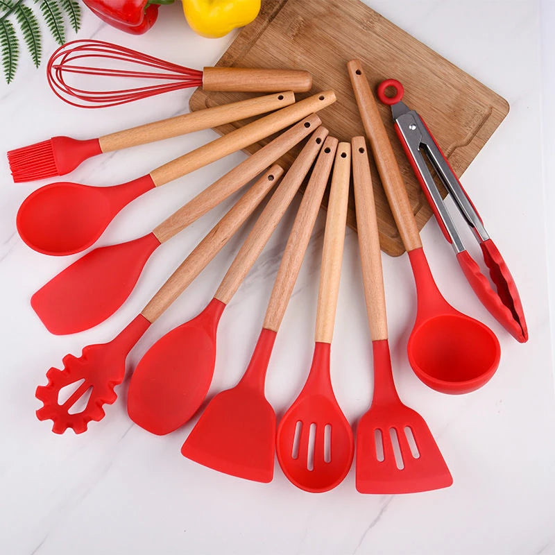 Kit Utensílios Colheres Silicone Madeira 12 Peças