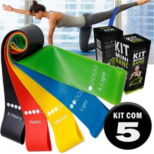 Kit de 5 Mini Faixas Elásticas Ideal p/ Exercício em Casa/Academia/Treino