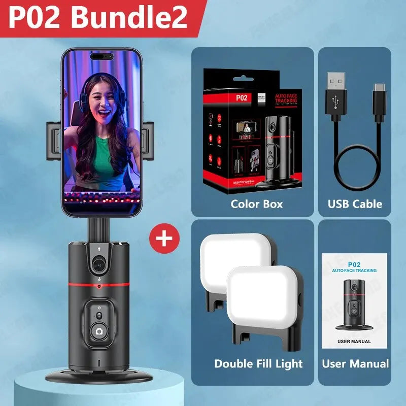 P02 Suporte celular com Inteligência Artificial Rastreamento Facial de 360°