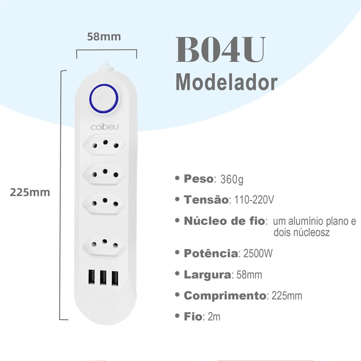 Extensão USB de 2m Quatro Tomada de Alta Potência
