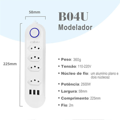 Extensão USB de 2m Quatro Tomada de Alta Potência