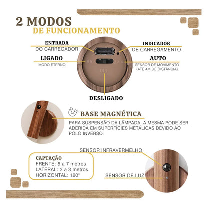 Luminária Bastão LED com sensor de movimento portátil recarregável