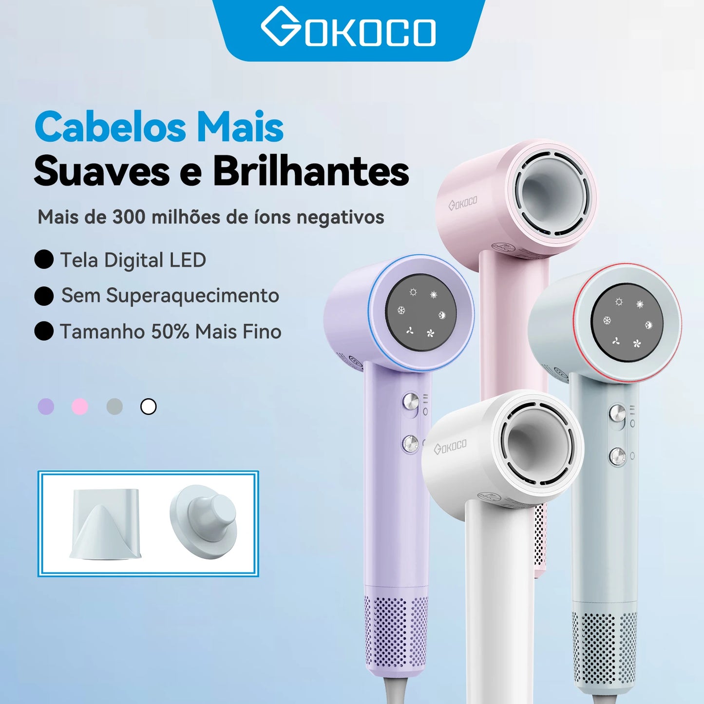Secador de cabelo GOKOCO de alta velocidade, 110.000 RPM, com íons negativos, secagem rápida de 300 ml, silencioso e com controle térmico.