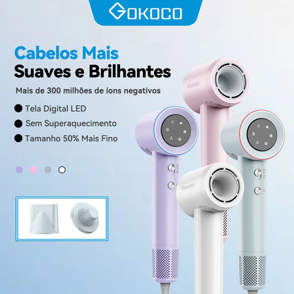 Secador de cabelo GOKOCO de alta velocidade, 110.000 RPM, com íons negativos, secagem rápida de 300 ml, silencioso e com controle térmico.