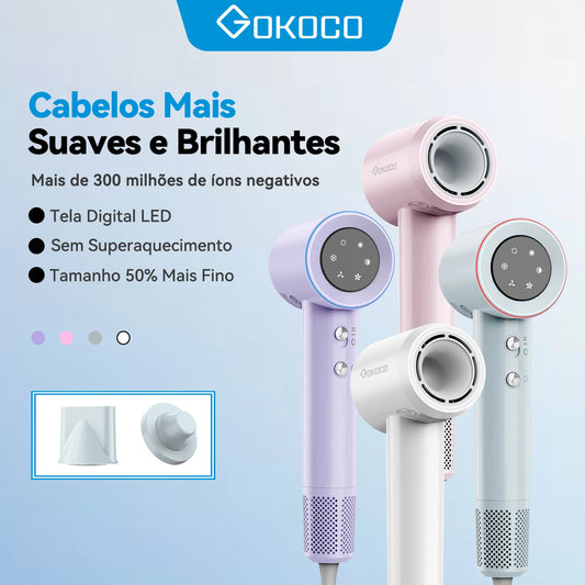 Secador de cabelo GOKOCO de alta velocidade, 110.000 RPM, com íons negativos, secagem rápida de 300 ml, silencioso e com controle térmico.