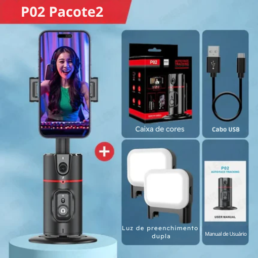 P02 Suporte celular com Inteligência Artificial Rastreamento Facial de 360°